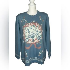 Vintage Blue Pink Floral Wreath Bow Sweater size L granny core cottage core EUC